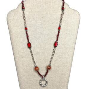 Vintage Artisan Beaded Pendant Necklace Red Glass Wood Silver Tone Boho 24”